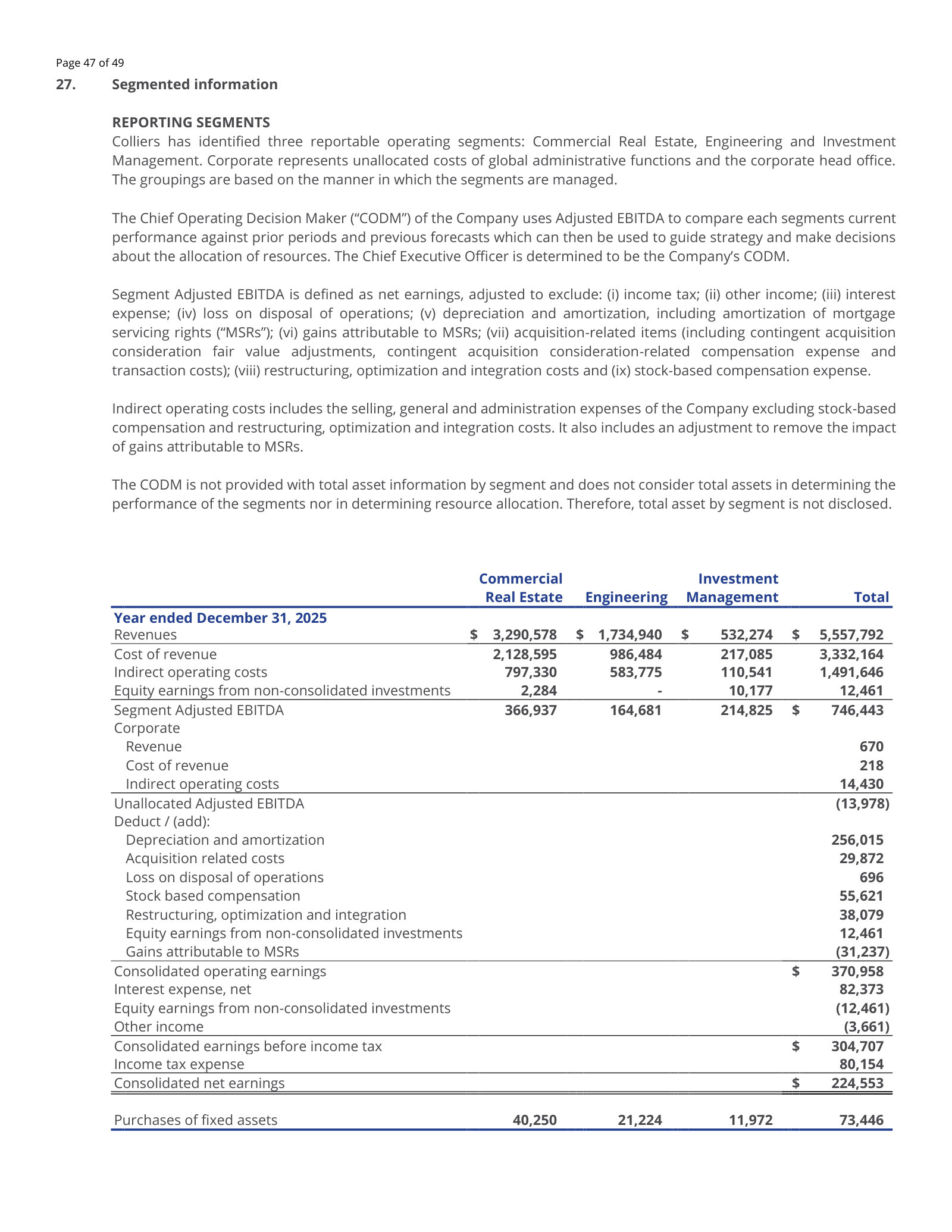 FY2025 revenue and Adjusted EBITDA by segment, reconciled down to consolidated net earnings.